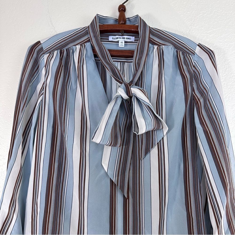 Elizabeth and James Mimi Neck-Tie Stripe Silk Blouse in Dust Multi Size XS - Picture 6 of 8